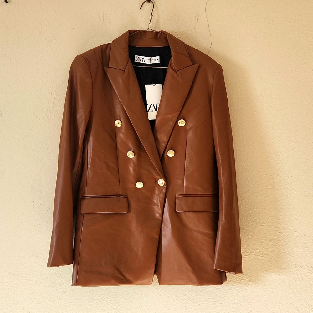 M caramel faux leather Blazer new, Zara, medium jacket double breasted women